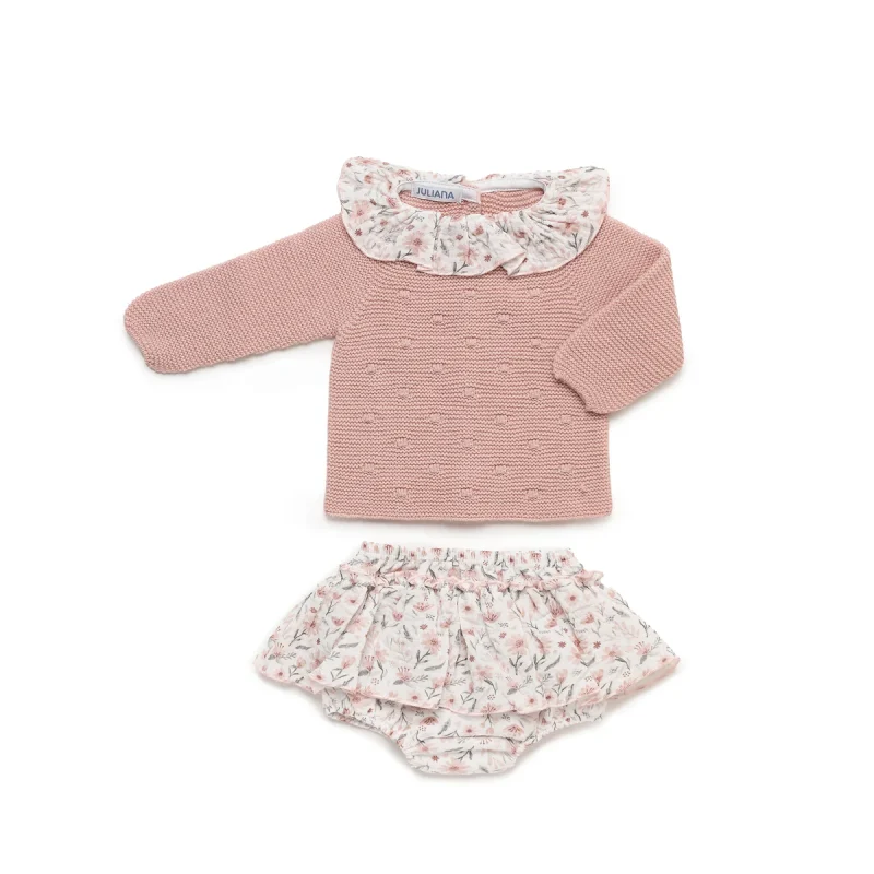 Conjunto Braga Volante Flores Rosa Empolvado