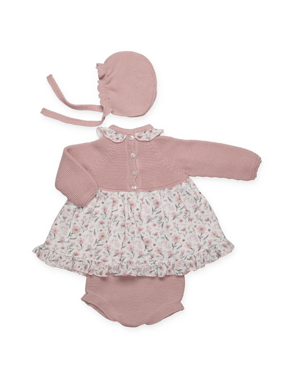 Jesusito, Gorro y Braga Punto Florecitas Rosa Empolvado - Imagen 3