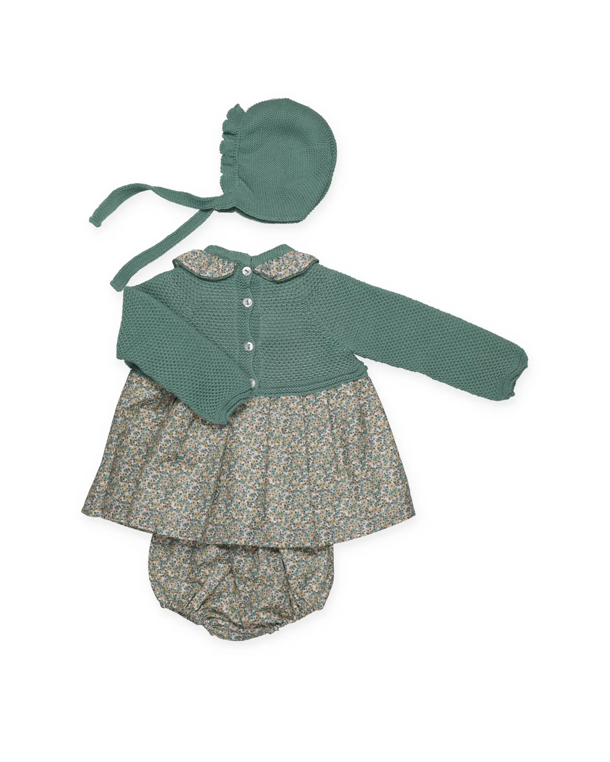 Jesusito, Gorro y Braga Punto Florecitas Verde - Imagen 3