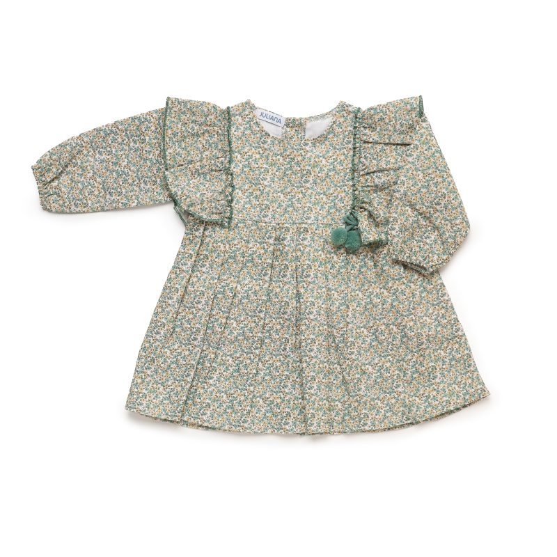 Vestido 2 Volantes Flores Lazos Pompones