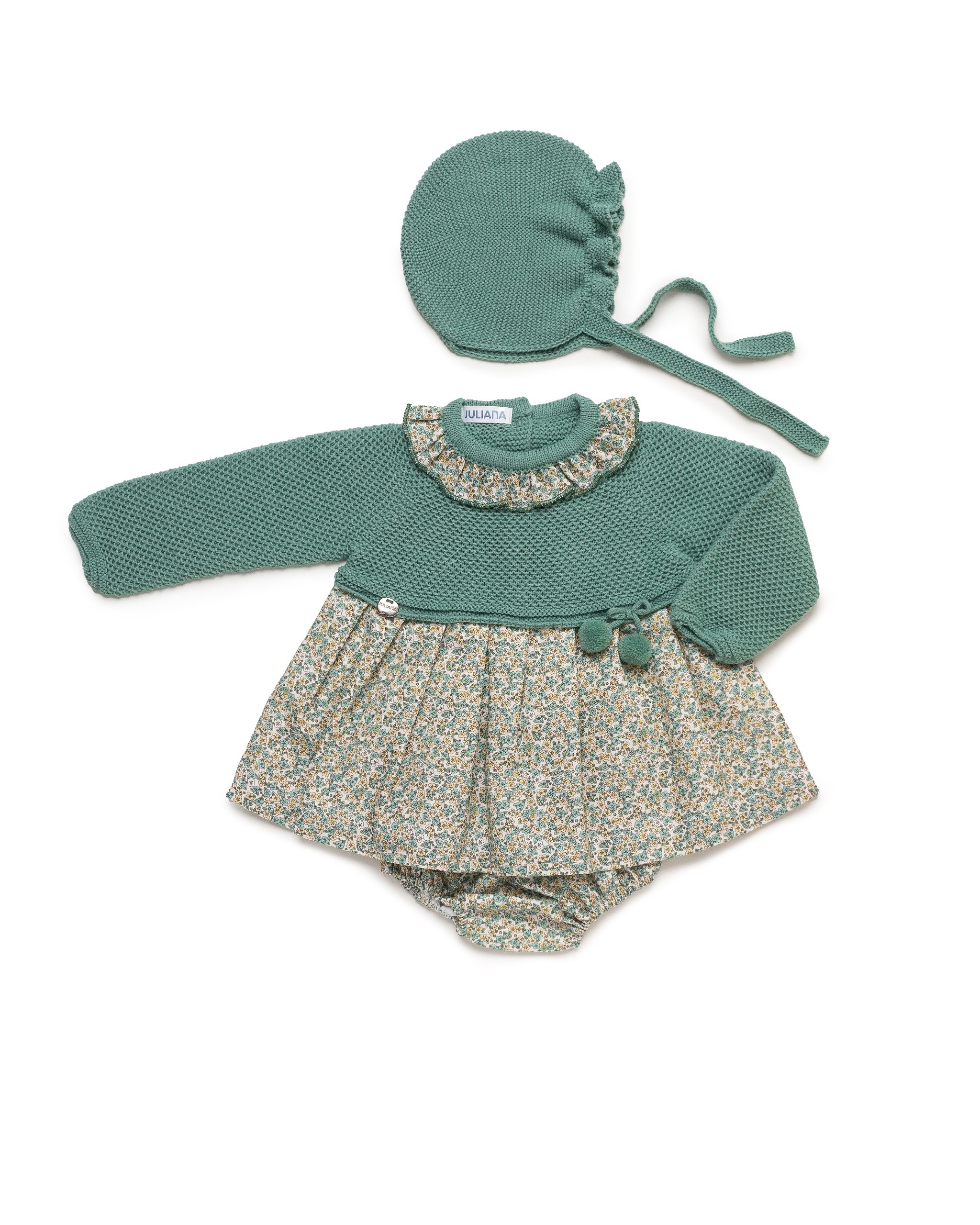 Jesusito, Gorro y Braga Punto Florecitas Verde - Imagen 2