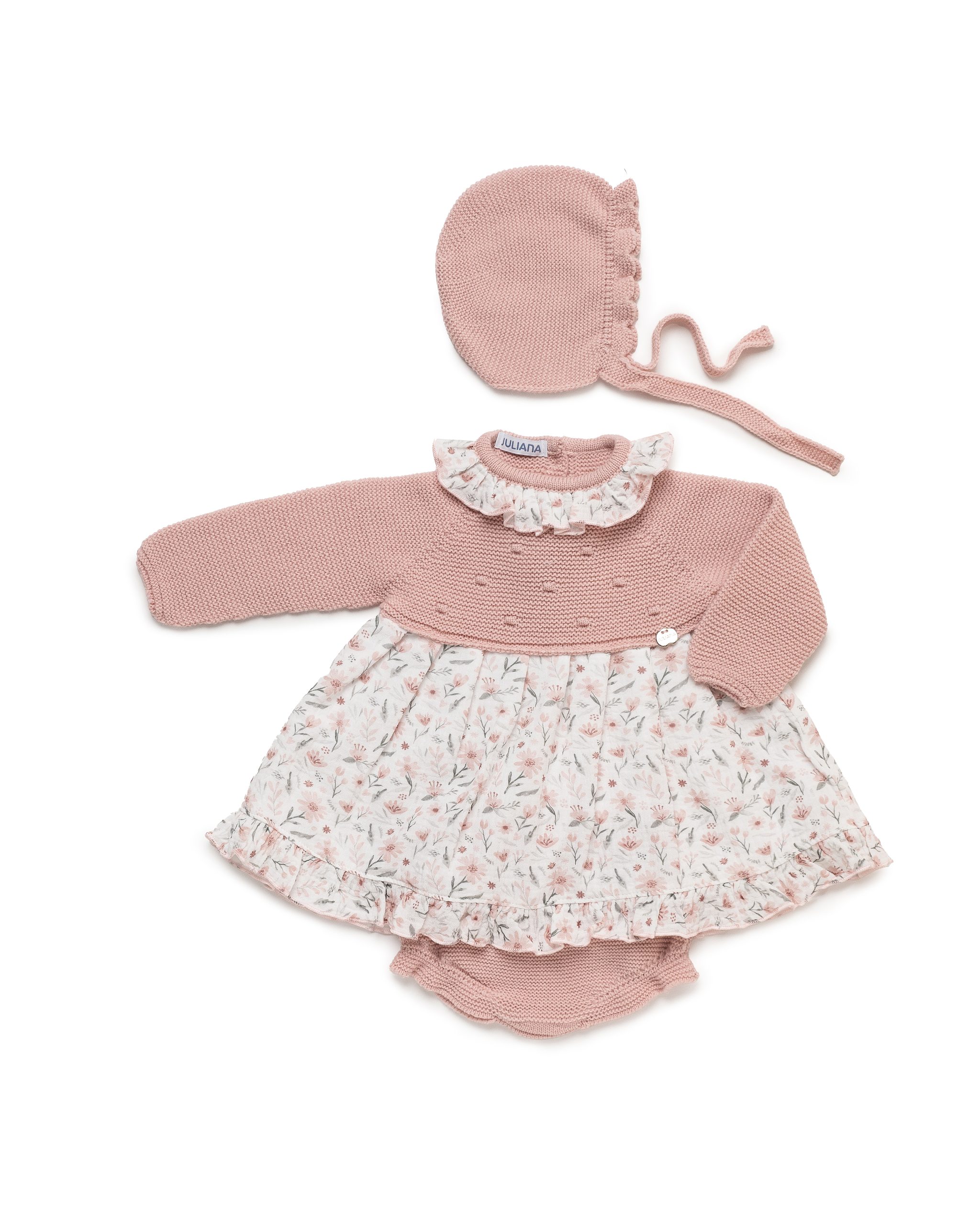 Jesusito, Gorro y Braga Punto Florecitas Rosa Empolvado - Imagen 2